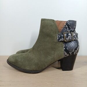 Vionic Naomi Boots Women 8.5 Olive Suede Snake Block Heel Buckle Western Boho
